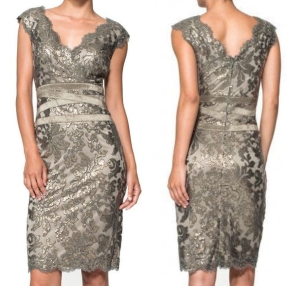 Tadashi Shoji Pailette Sheath Dress Smoke Pearl Size 4 - Picture 1 of 10